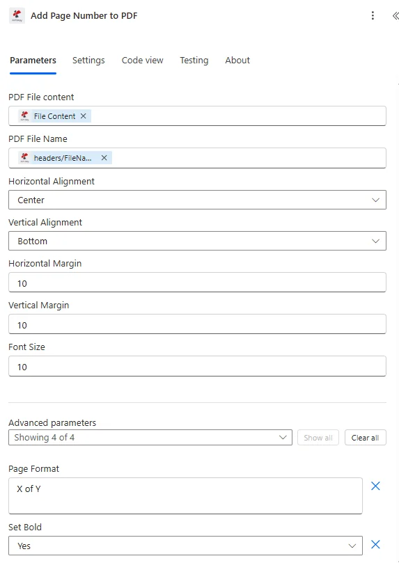 Azione Power Automate PDF4me Aggiungi numero di pagina al PDF che mostra i campi Contenuto file PDF e Nome file PDF mappati da un passaggio Ottieni contenuto file di SharePoint, Formato pagina impostato su Pagina X di Y, Allineamento orizzontale al centro, Allineamento verticale in basso, Dimensione carattere 10 e Salta prima pagina true